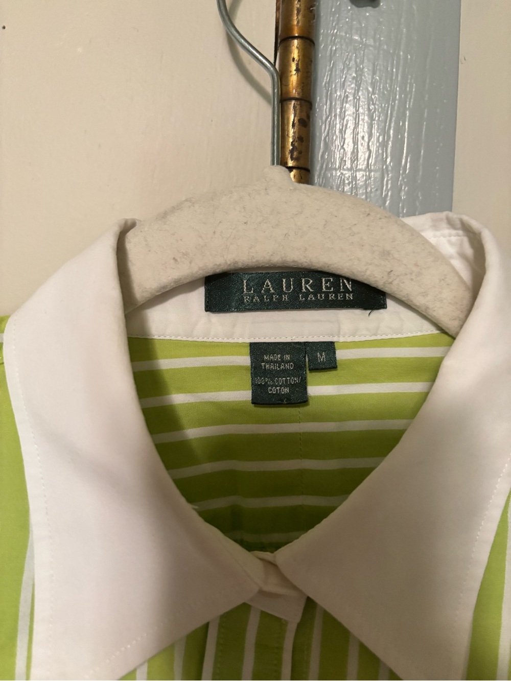 Ralph Lauren Lime Green Stripe Button-Up Shirt with White Collar - Picture 2 of 4